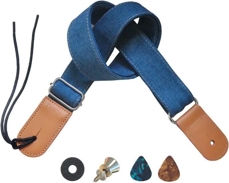 Farcaya Ukulele Strap Soprano Concert Tenor Baritone Banjo Mandolin Cotton Linen Leather Ends Uke Musical Instrument Accessories Picks Lock Button Screw (Blue) - Image 1